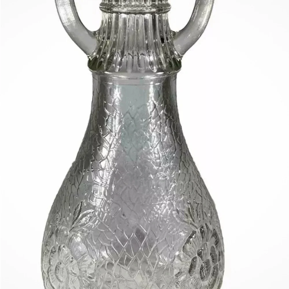 VTG White House Vinegar Bottle Floral Textured Glass Double Handled Pitcher Vase